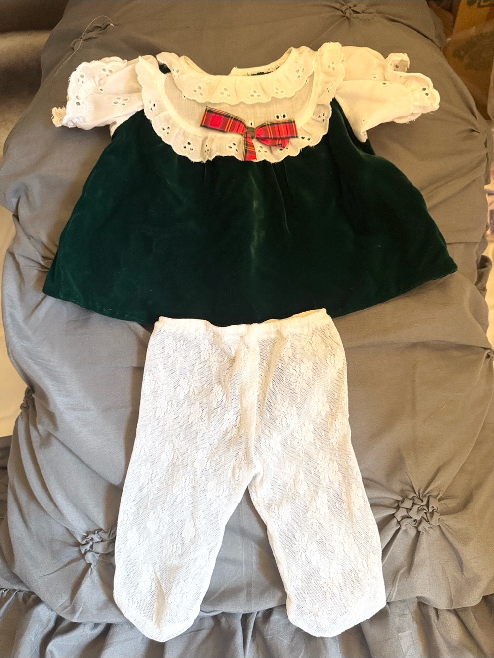 Baby Velvet Dress with Eyelet Collar and Tights - fits Cabbage Patch Doll